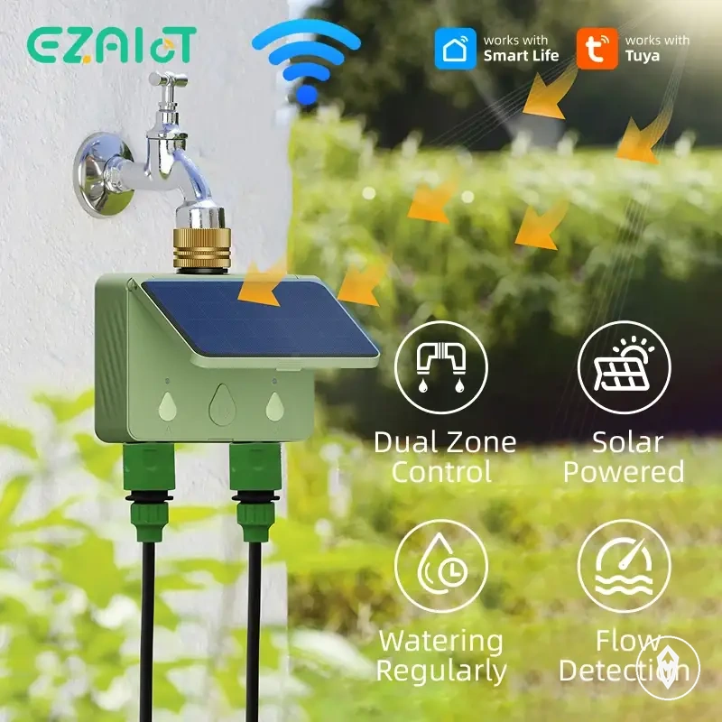 مؤقت ماء WiFi لمنطقتين مع طاقة شمسية للتحكم في ري الحديقة