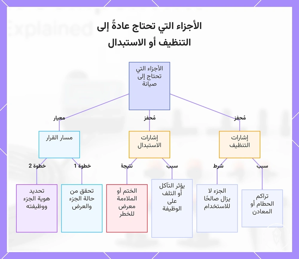 الأجزاء التي تحتاج عادةً إلى التنظيف أو الاستبدال