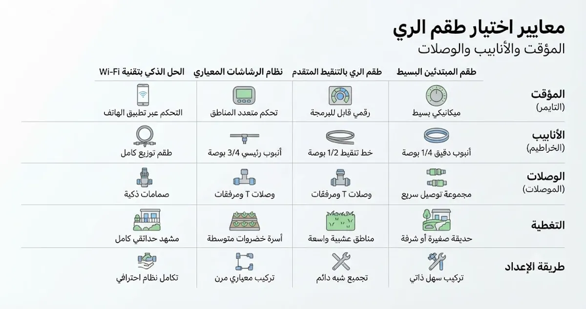 خيارات أطقم ري تلقائي مرتبة حسب المؤقت والأنابيب والوصلات والتغطية ومعايير تجهيز النباتات