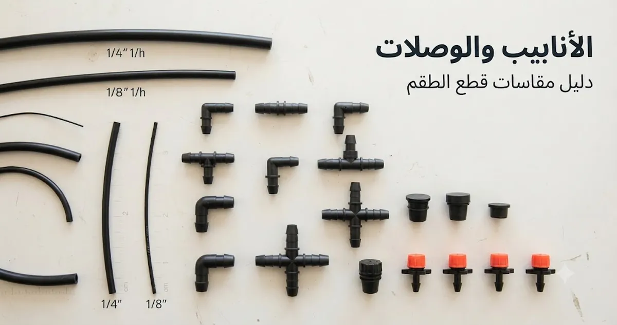 أنابيب طقم ري تلقائي ووصلات مسننة وموزعات وقطع تركيب مرتبة لمقارنة المقاسات