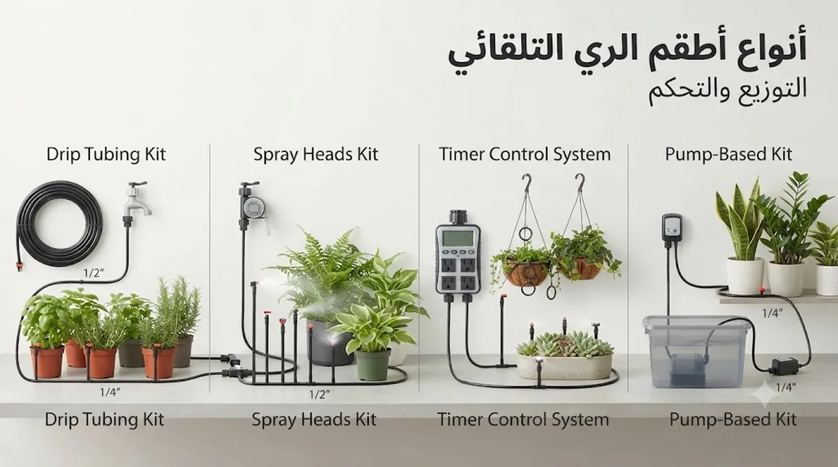 أنواع مختلفة من أطقم الري التلقائي مع أنبوب تنقيط ورؤوس رش وتحكم بالمؤقت وتصميمات تعتمد على مضخة