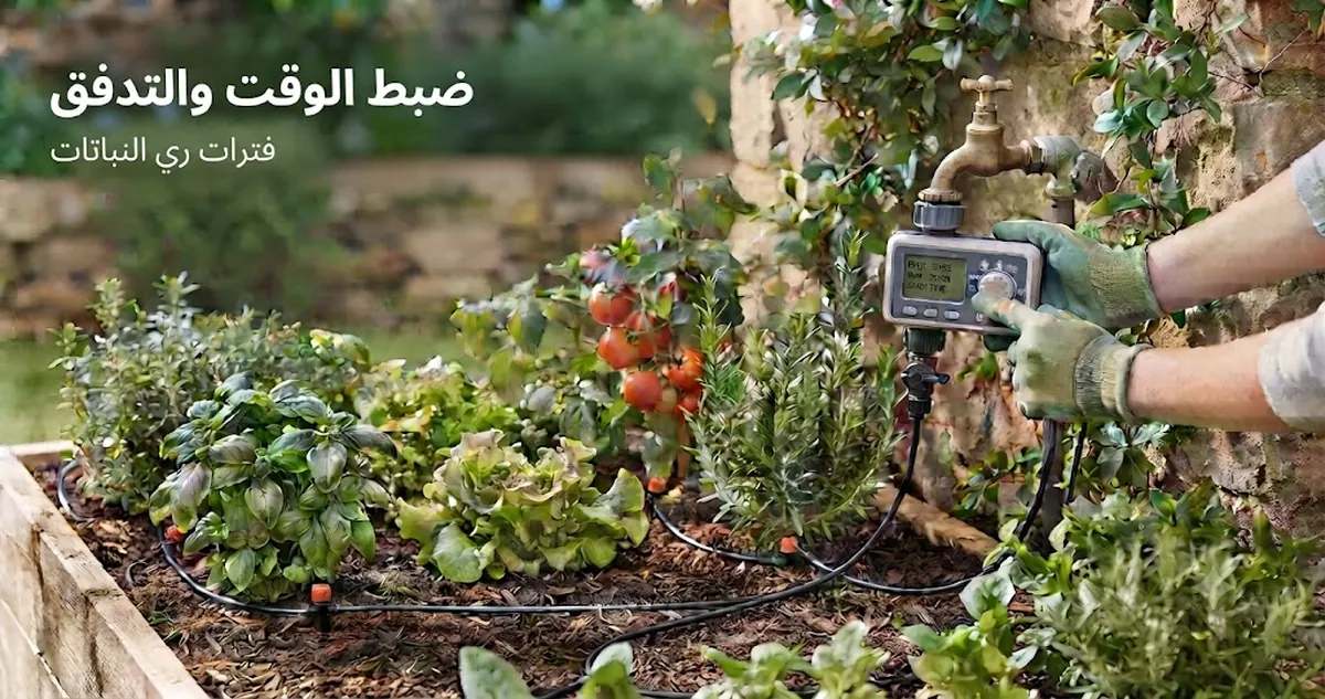 مؤقت طقم ري تلقائي وأدوات ضبط التدفق أثناء إعداد فترات ري النباتات