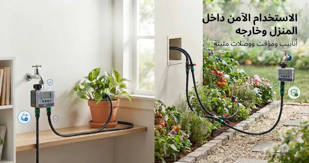 طقم ري تلقائي مستخدم بأمان داخل المنزل وخارجه مع أنابيب ومؤقت ووصلات نباتات مثبتة بإحكام
