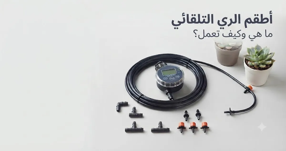 طقم ري تلقائي بسيط يوضح مؤقتا وأنابيب ووصلات ومخارج تنقيط للنباتات