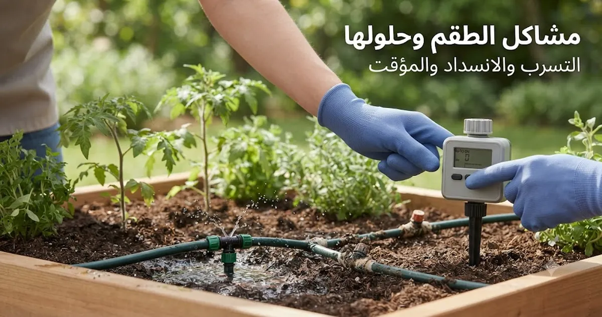 مشهد لاستكشاف أعطال طقم ري تلقائي مع أنبوب مسرب ومنقطات مسدودة وأزرار تحكم المؤقت