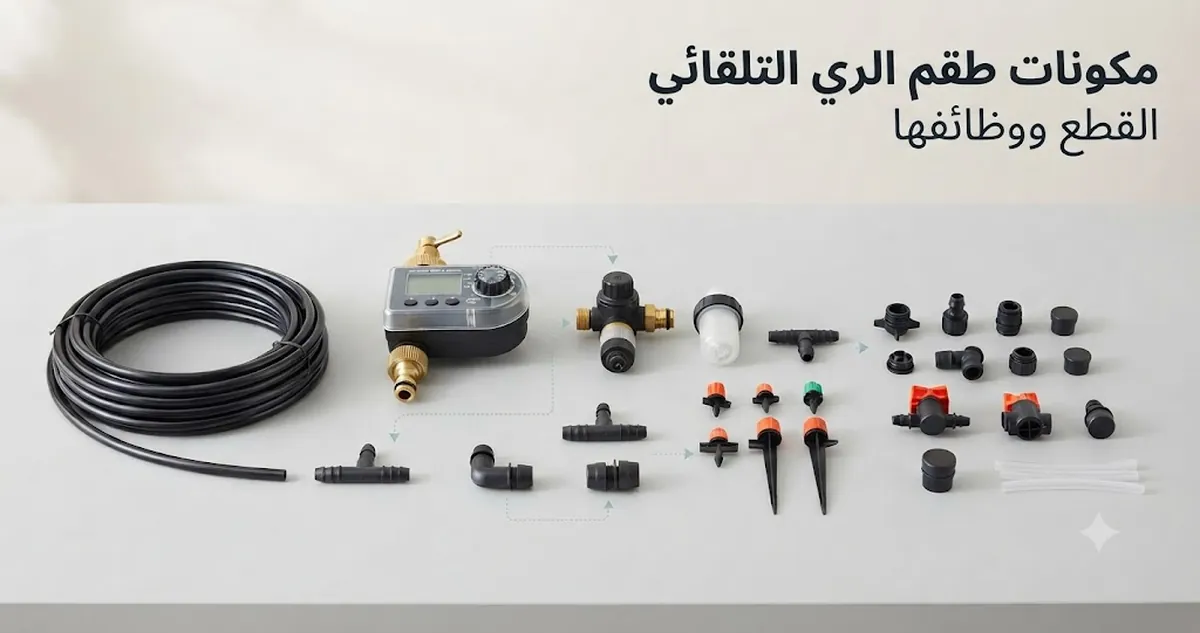 مكونات طقم ري تلقائي تشمل الأنابيب والمنقطات والوصلات والصمامات وقطع المؤقت