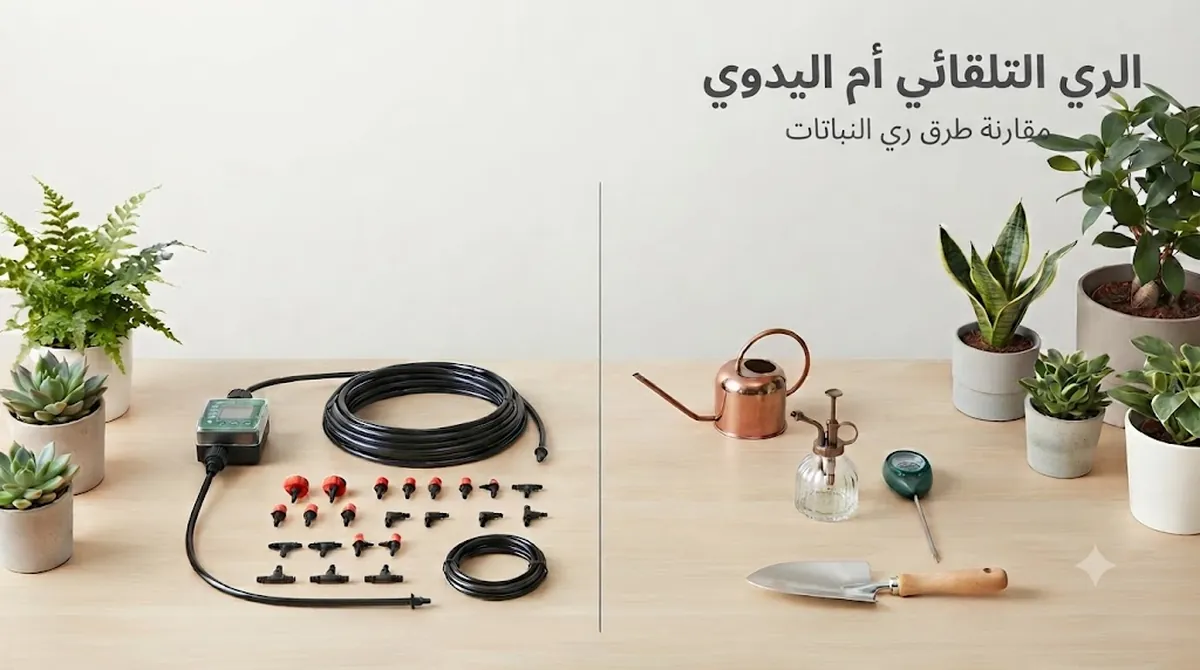إعداد طقم ري تلقائي مقارنة بأدوات الري اليدوي للمساعدة في قرارات ري النباتات