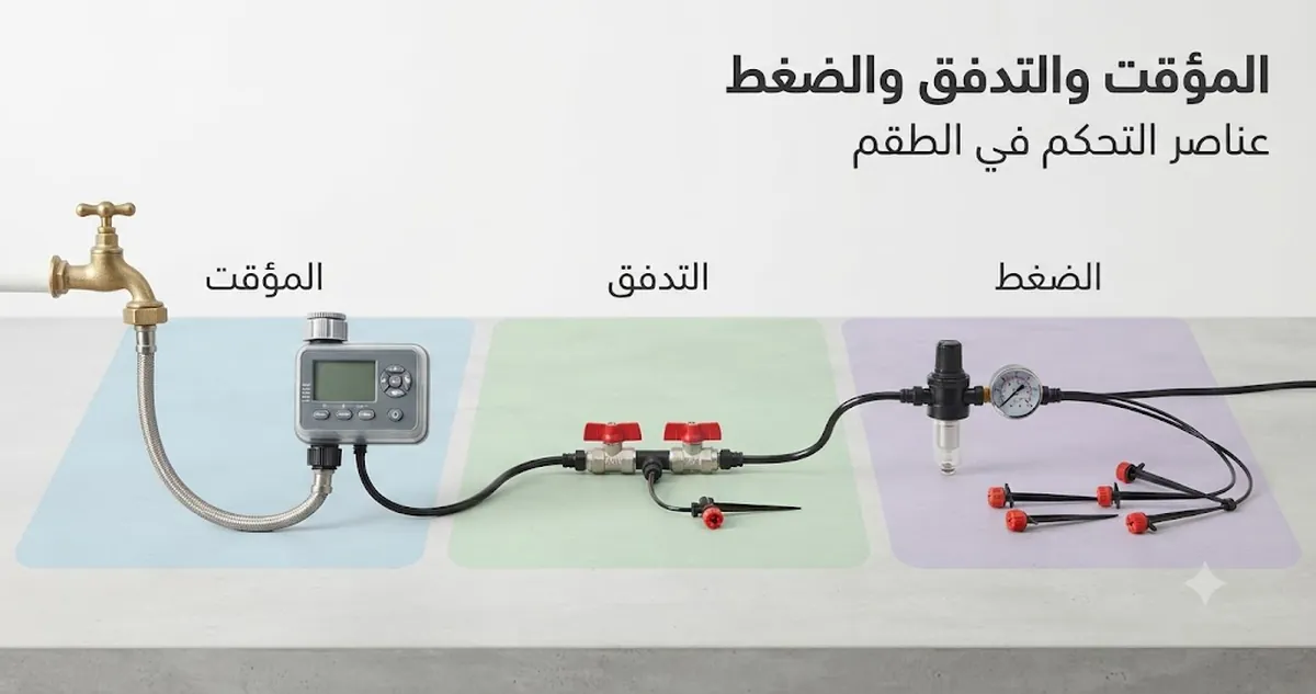 مؤقت طقم ري تلقائي متصل بالأنابيب مع أدوات ضبط التدفق وقطع مرتبطة بالضغط