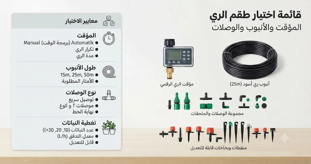 قائمة اختيار طقم ري تلقائي مع معايير المؤقت وطول الأنبوب ونوع الوصلات وتغطية النباتات