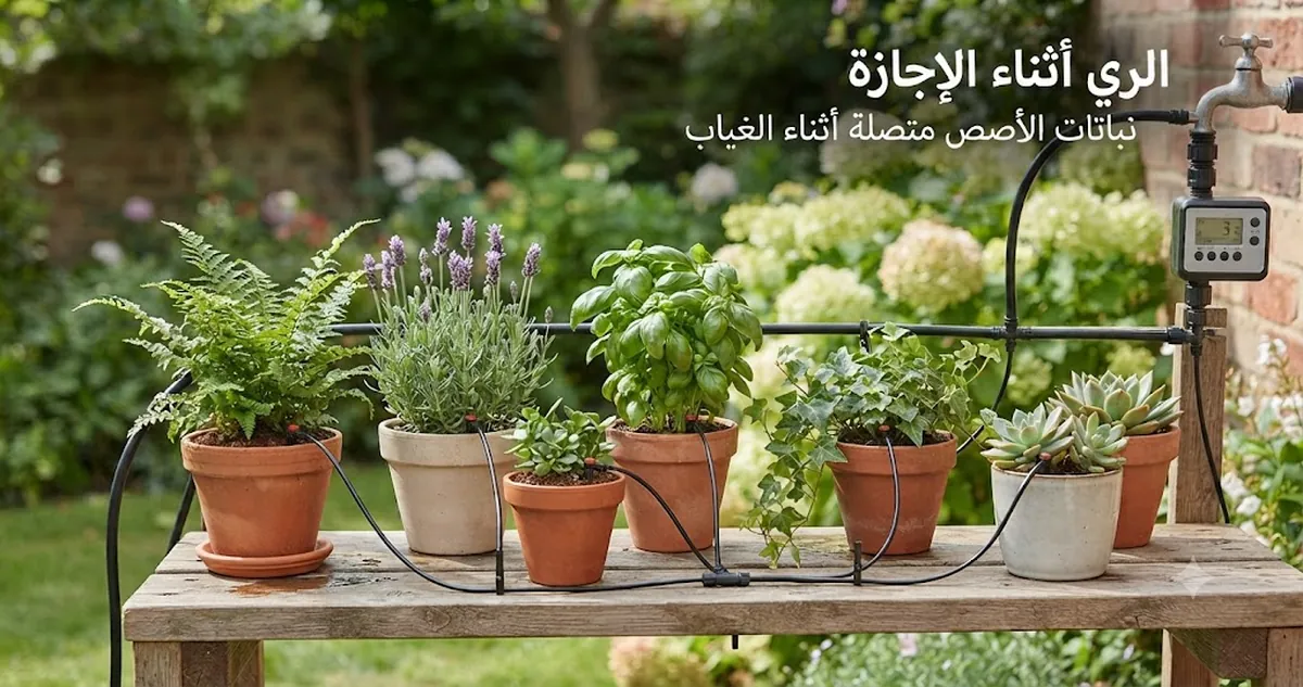 طقم ري تلقائي متصل بنباتات مزروعة في أصص للري دون متابعة أثناء الإجازة