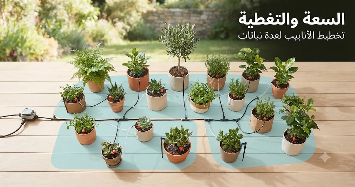 تخطيط طقم ري تلقائي يوضح تغطية الأنابيب لعدة نباتات وأصص