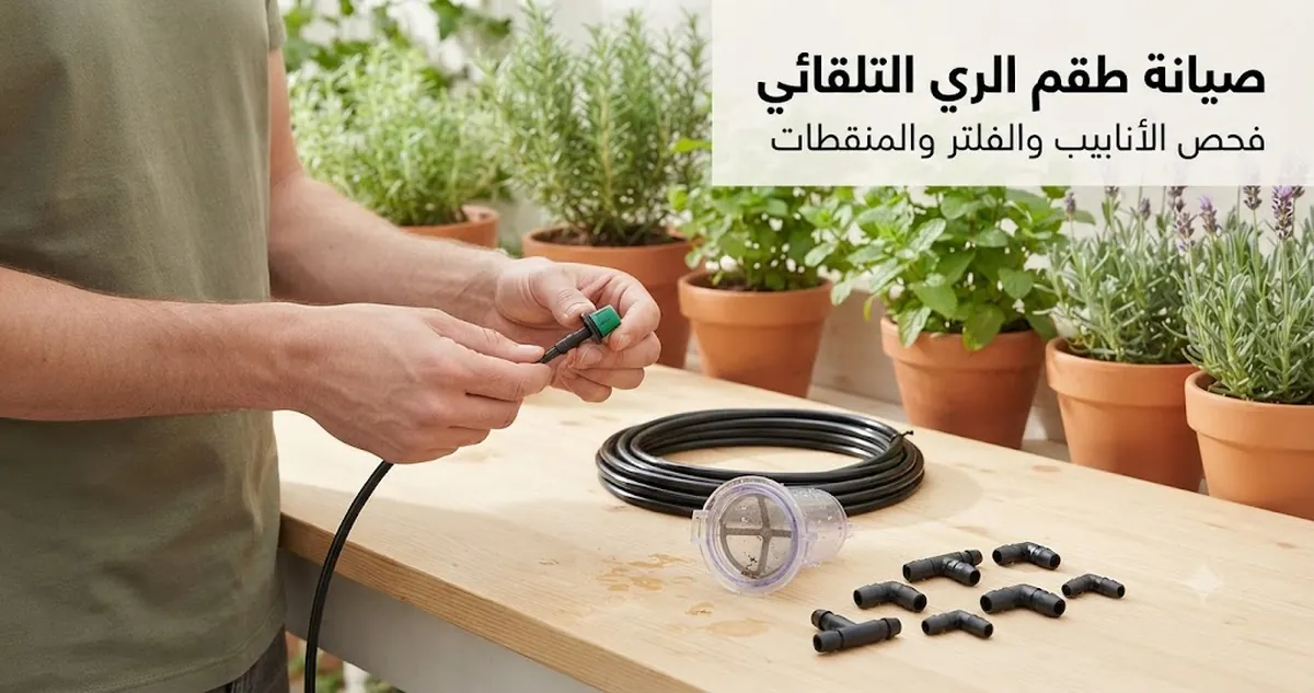 صيانة طقم ري تلقائي مع فحص الأنابيب والوصلات والفلتر والمنقطات
