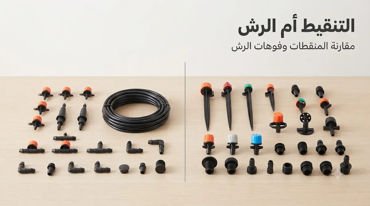 قطع أطقم الري التلقائي بالتنقيط والرش جنبا إلى جنب مع منقطات وفوهات رش