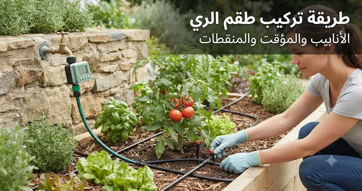 تركيب طقم ري تلقائي يوضح توصيلات الأنابيب ومكان المؤقت والمنقطات قرب النباتات