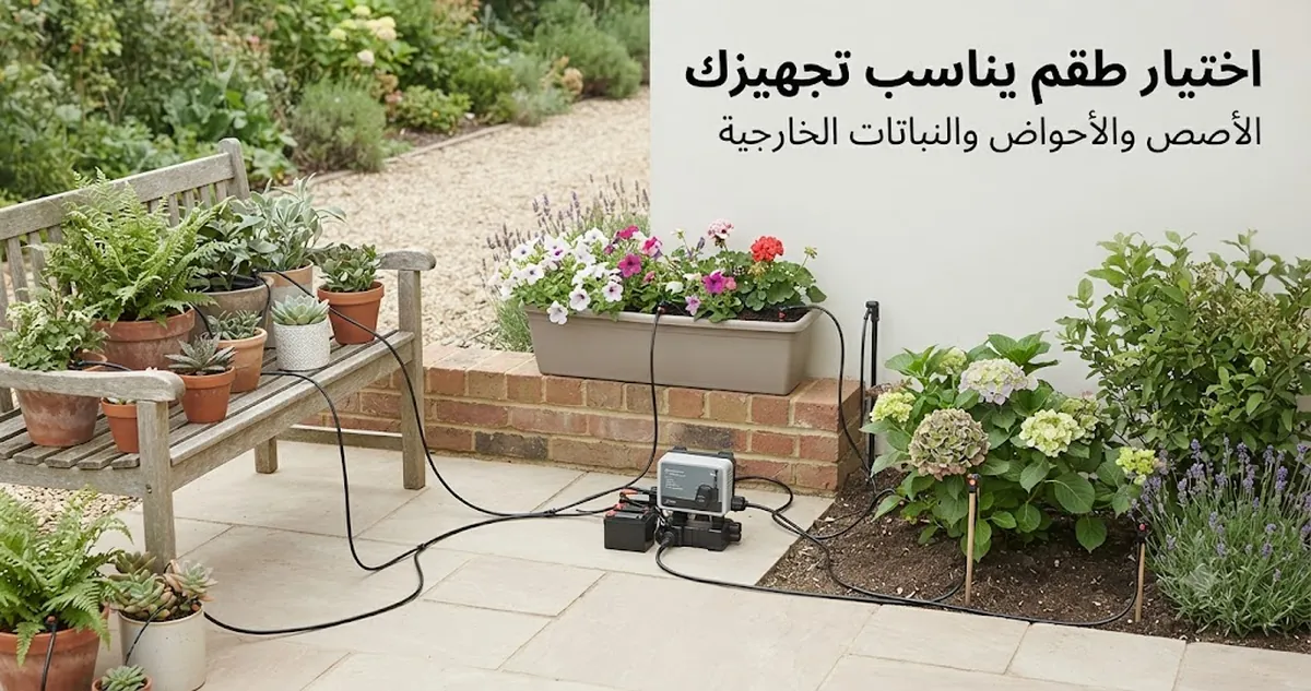 طقم ري تلقائي متصل بالأصص والأحواض والنباتات الخارجية لتوضيح توافق التجهيز