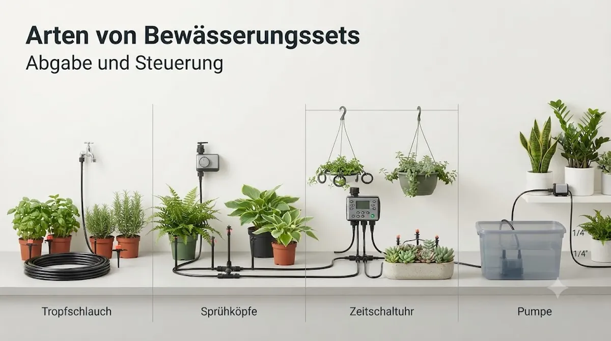 Verschiedene Arten automatischer Bewässerungssets mit Tropfschlauch, Sprühköpfen, Timersteuerung und pumpenbasierten Aufbauten