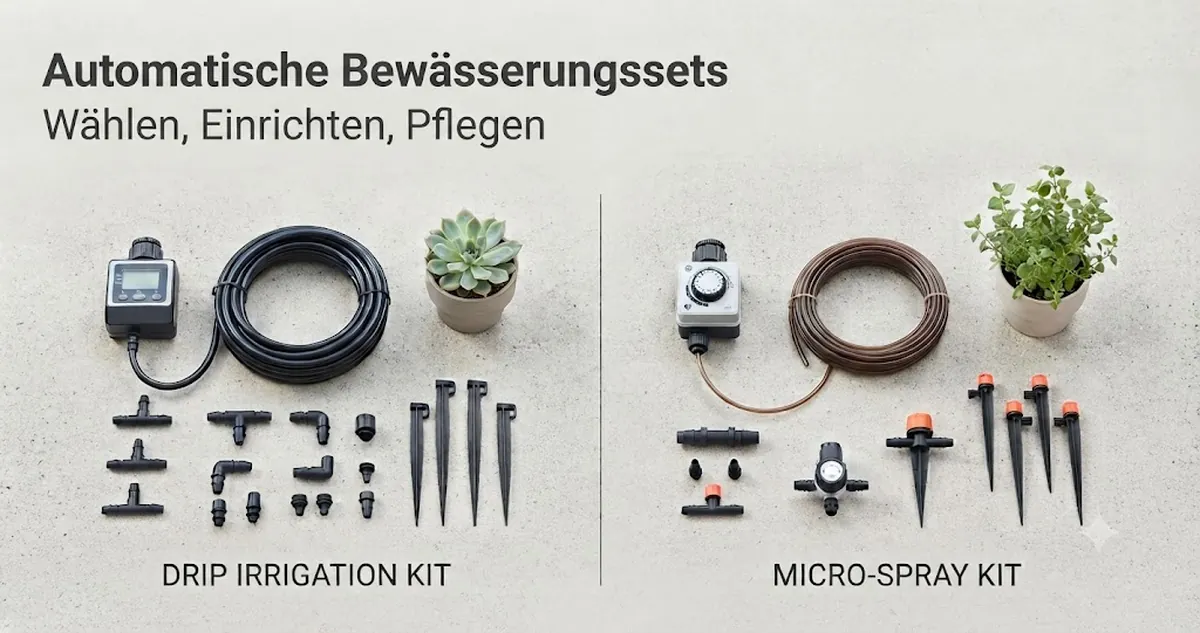 Automatisches Bewässerungsset mit Schlauch, Timer, Verbindern und Bewässerungsteilen für Pflanzen zum Vergleich angeordnet