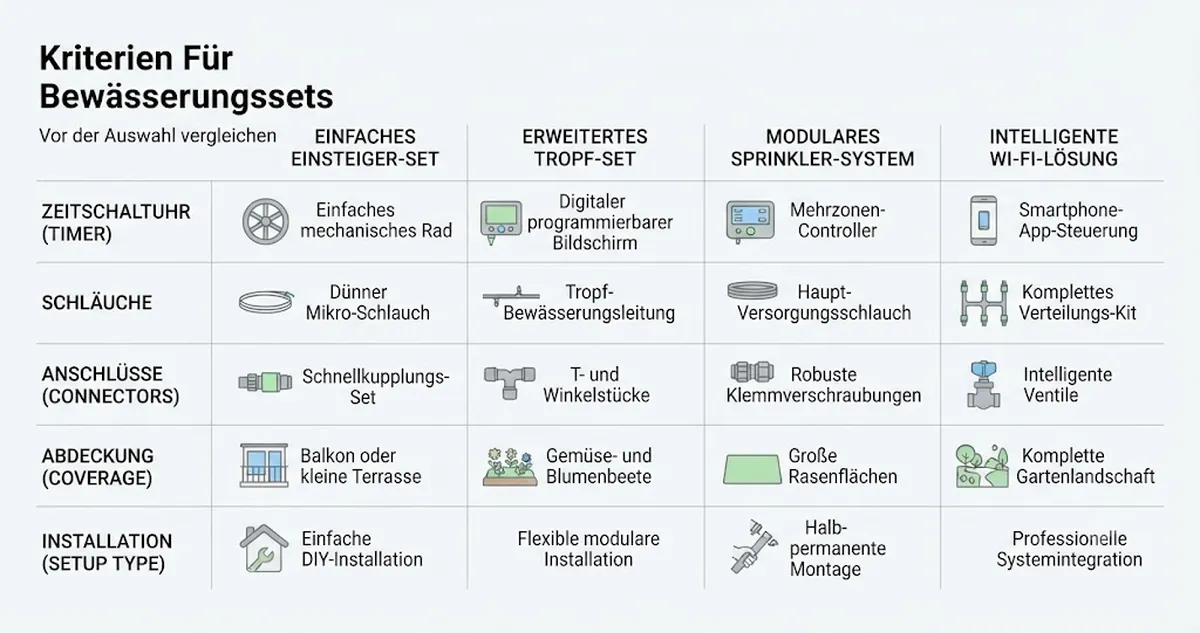 Optionen für automatische Bewässerungssets nach Timer, Schläuchen, Verbindern, Abdeckung und Pflanzenaufbau angeordnet