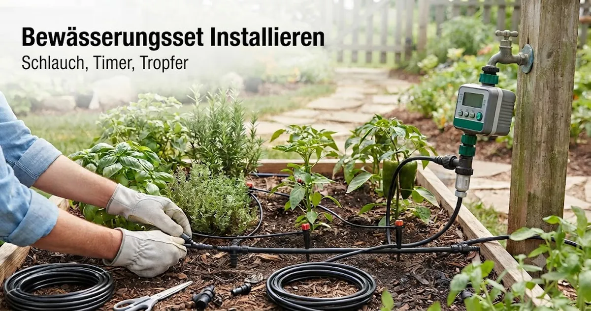Installation eines automatischen Bewässerungssets mit Schlauchverbindungen, Timerposition und Tropfern nahe an den Pflanzen