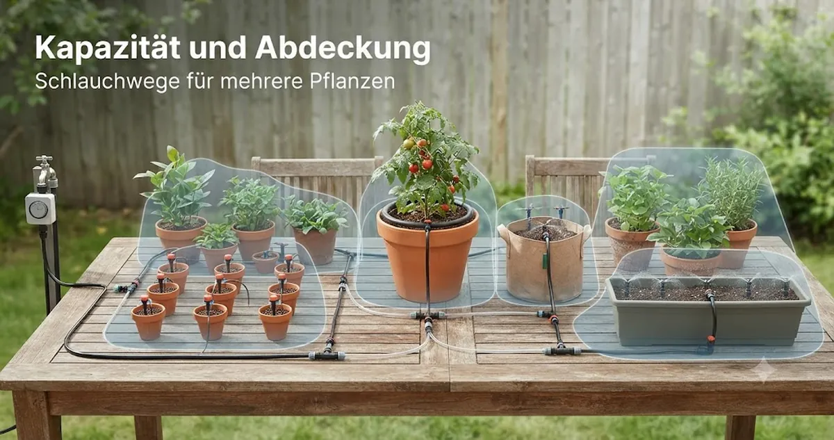Aufbau eines automatischen Bewässerungssets mit Schlauchabdeckung über mehrere Pflanzen und Gefäße