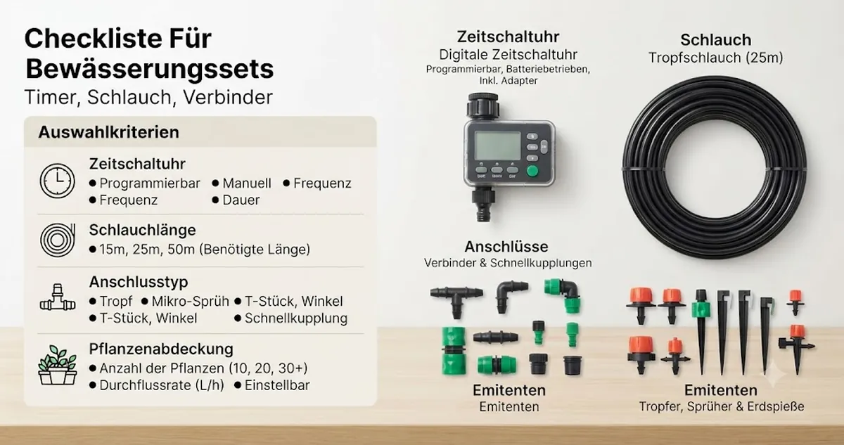 Auswahlliste für ein automatisches Bewässerungsset mit Kriterien zu Timer, Schlauchlänge, Verbindertyp und Pflanzenabdeckung