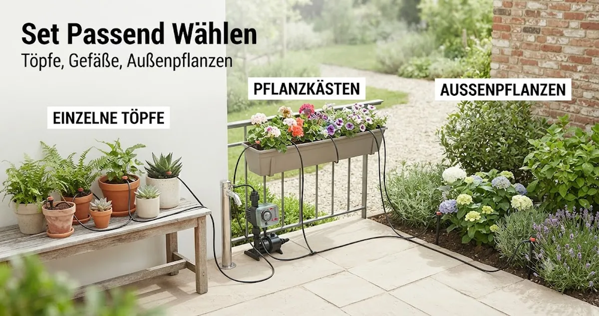 Automatisches Bewässerungsset an Töpfen, Pflanzgefäßen und Außenpflanzen zur Darstellung der Installationskompatibilität