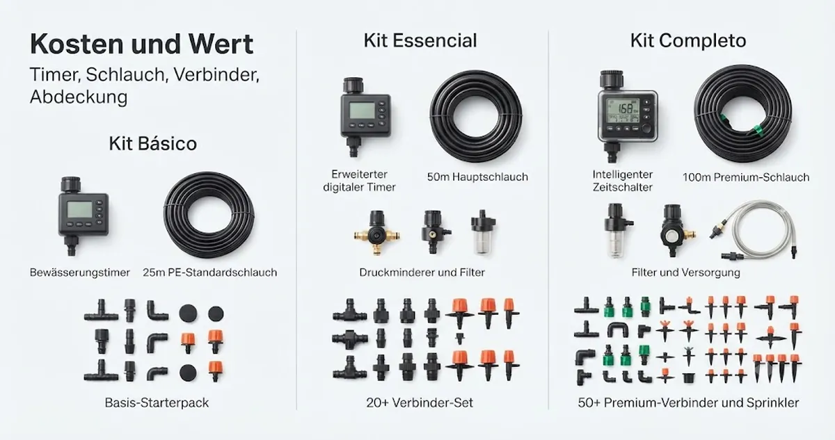 Teile eines automatischen Bewässerungssets zur Bewertung von Timer, Schlauchlänge, Verbindern und Abdeckung angeordnet