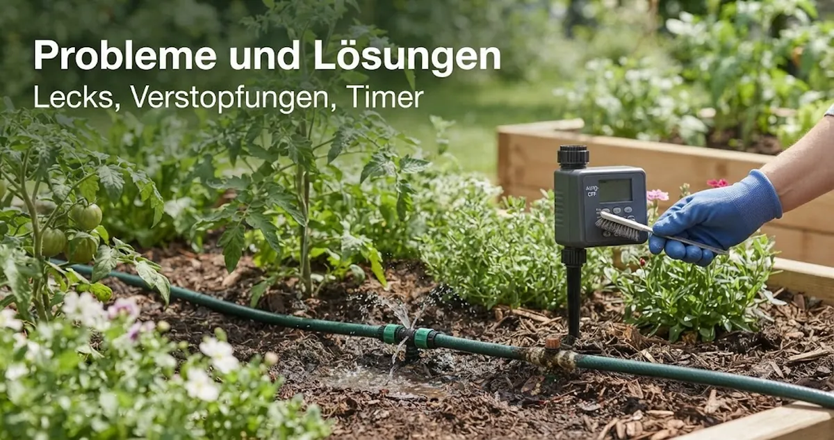 Fehlersuche bei einem automatischen Bewässerungsset mit undichtem Schlauch, verstopften Tropfern und Timersteuerung