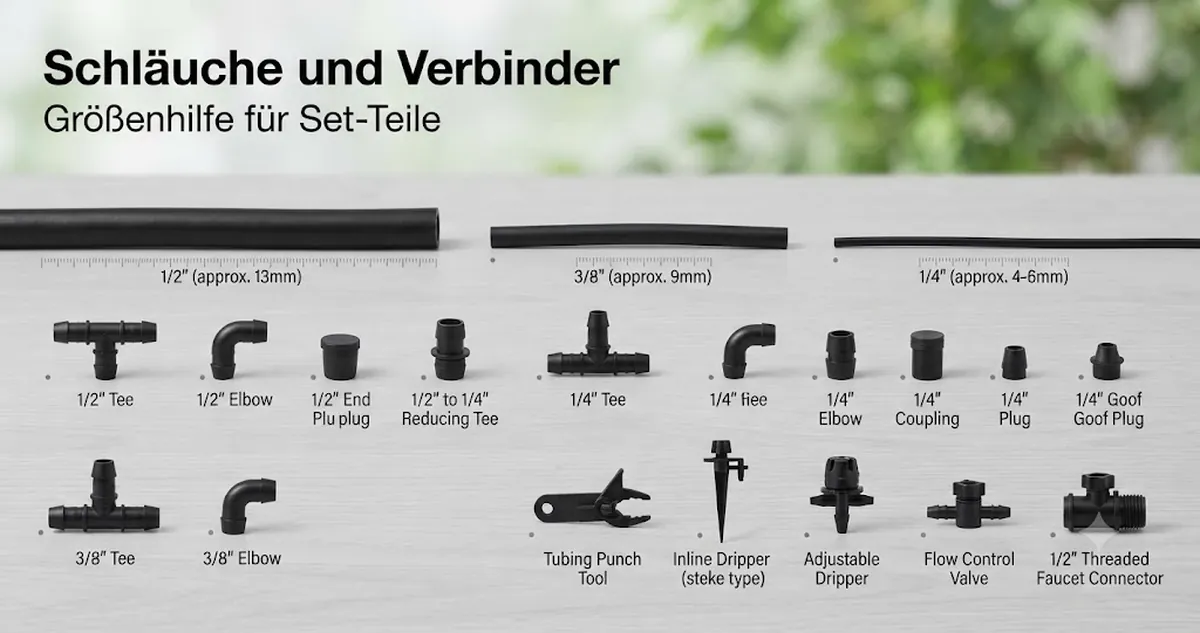 Schläuche, Steckverbinder, Verteiler und Fittings eines automatischen Bewässerungssets zum Größenvergleich angeordnet