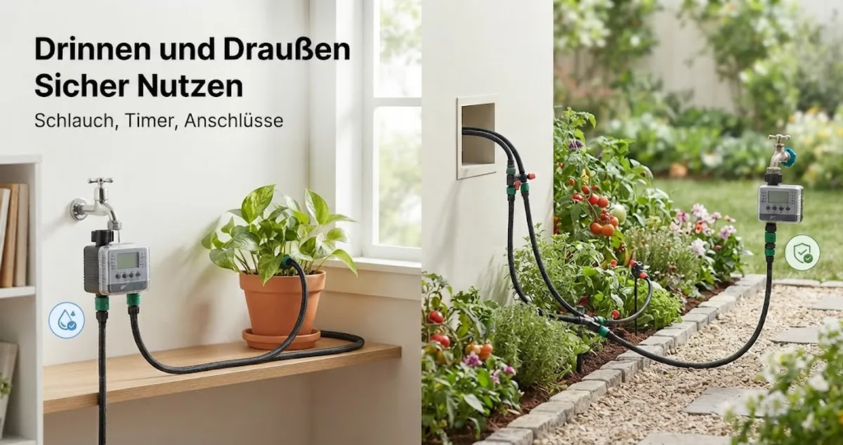 Automatisches Bewässerungsset mit sicher befestigtem Schlauch, Timer und Pflanzenanschlüssen für drinnen und draußen