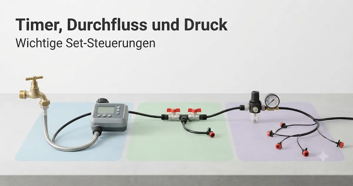 Timer eines automatischen Bewässerungssets am Schlauch mit Durchflussreglern und druckbezogenen Teilen