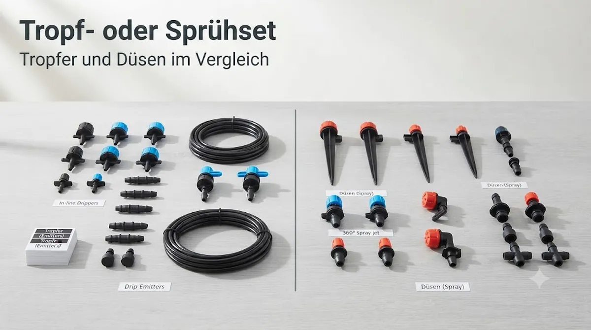 Teile von Tropf- und Sprühbewässerungssets mit Tropfern und Sprühdüsen im direkten Vergleich