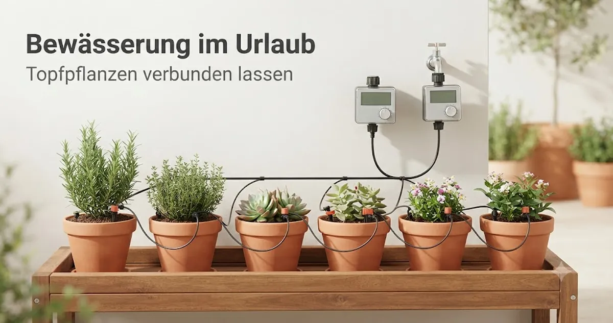 Automatisches Bewässerungsset an Topfpflanzen für unbeaufsichtigte Bewässerung während des Urlaubs