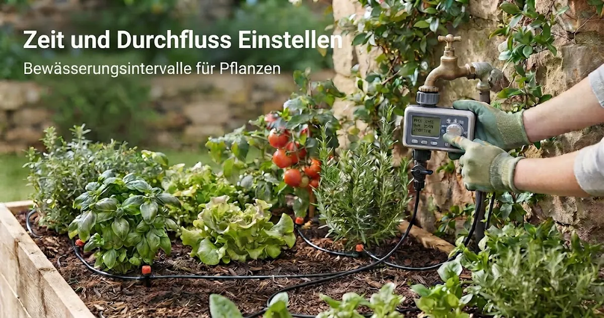 Timer und Durchflussregler eines automatischen Bewässerungssets werden für Bewässerungsintervalle von Pflanzen eingestellt