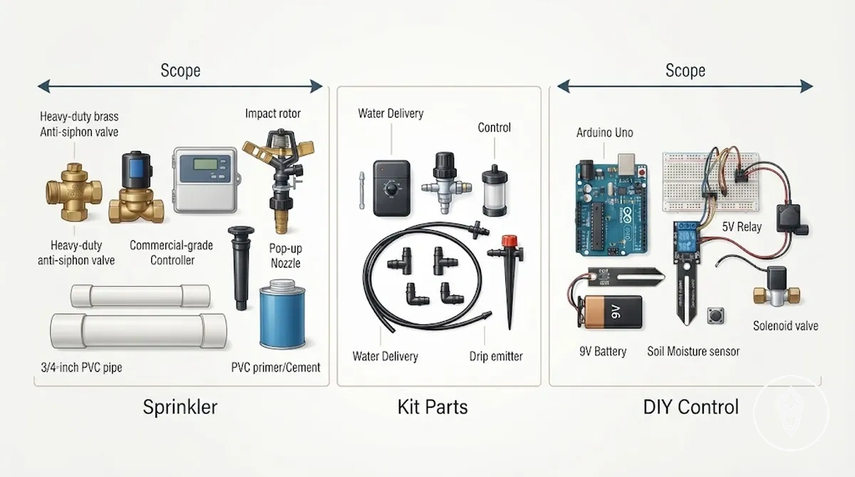 Vergleich von Bauteilen automatischer Bewässerungssets, Sprinklerhardware und DIY-Schaltungskomponenten nach Rolle und Umfang