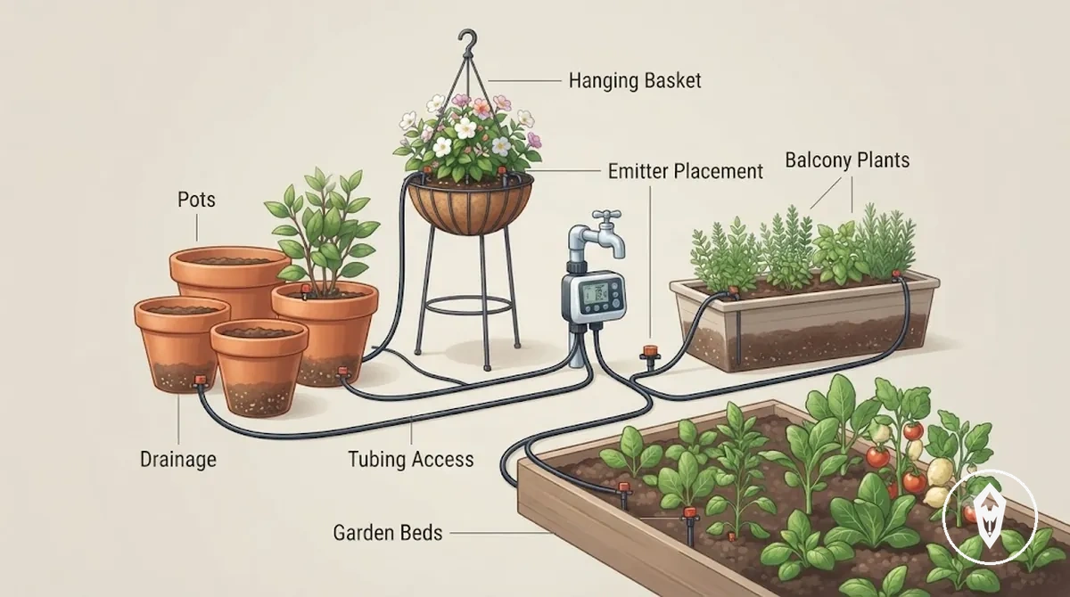 Automatisches Bewässerungsset angeordnet über Töpfe, Behälter, Hängetöpfe und Gartenbeete mit Schläuchen und Tropfern