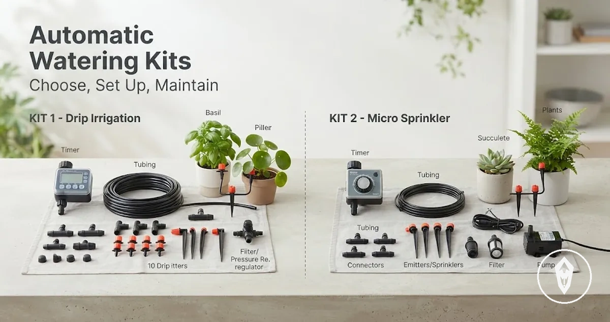 Automatic watering kit with tubing, timer, connectors, and plant watering parts laid out for comparison