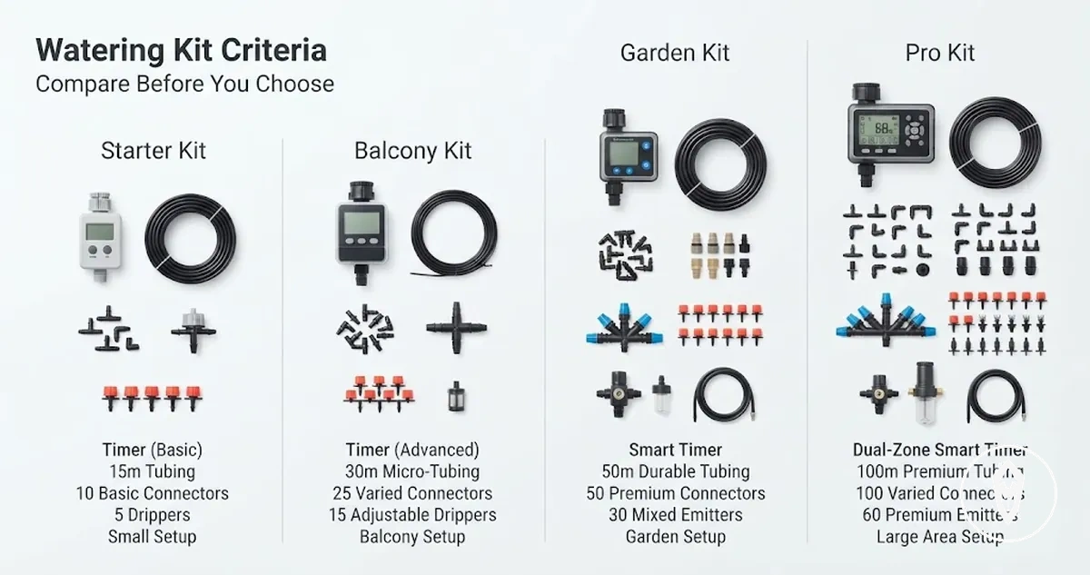 Automatic watering kit options arranged by timer, tubing, connectors, coverage, and plant setup criteria
