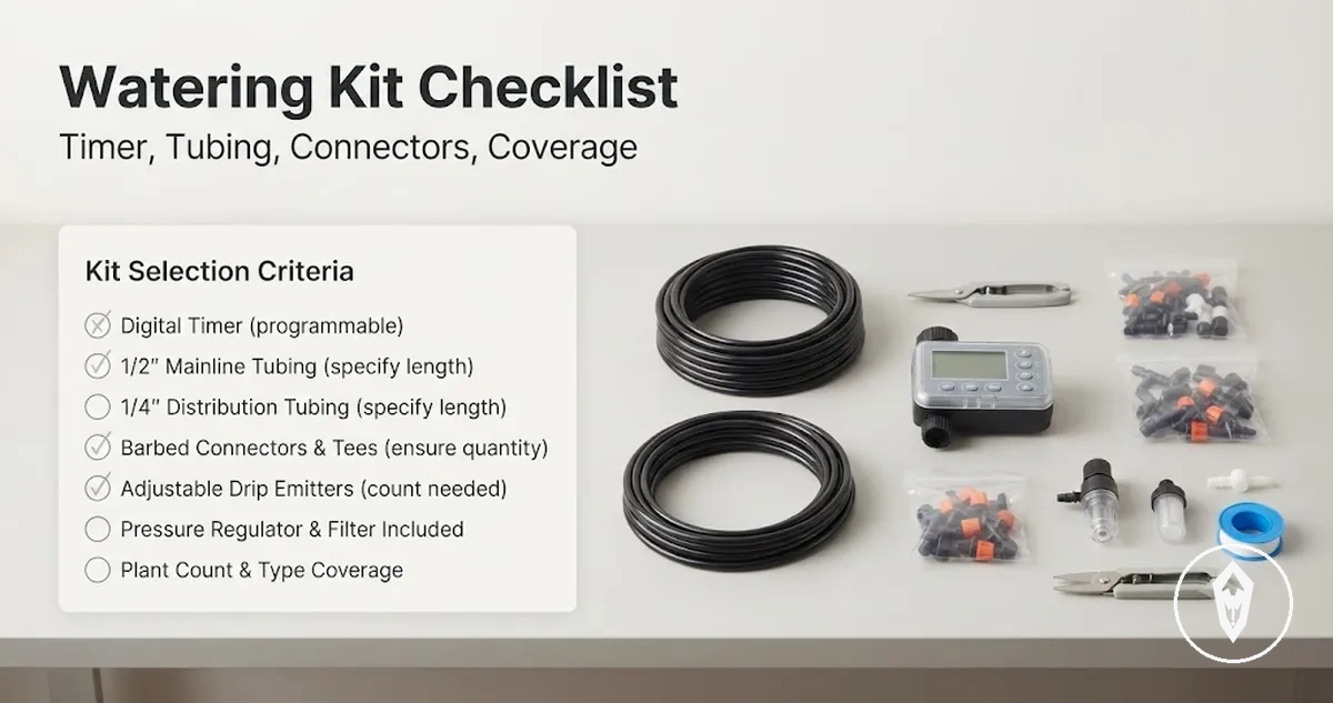 Automatic watering kit selection checklist with timer, tubing length, connector type, and plant coverage criteria