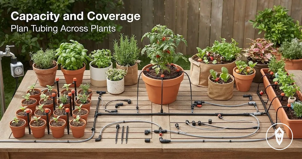 Automatic watering kit layout showing tubing coverage across several plants and containers