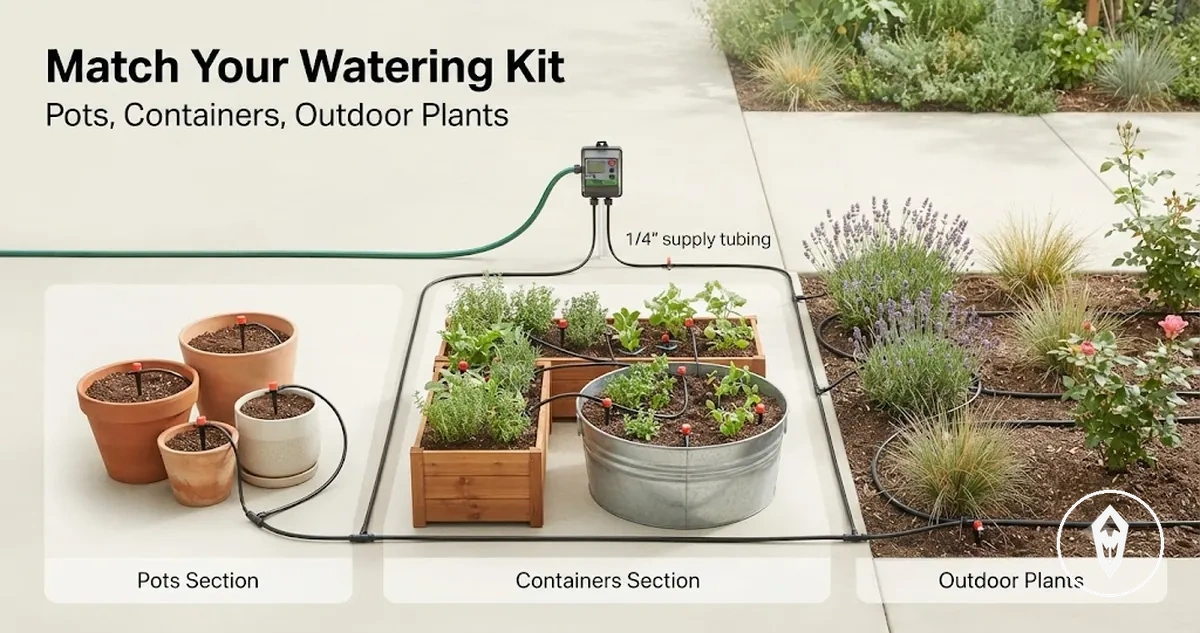 Automatic watering kit connected to pots, containers, and outdoor plants to show setup compatibility