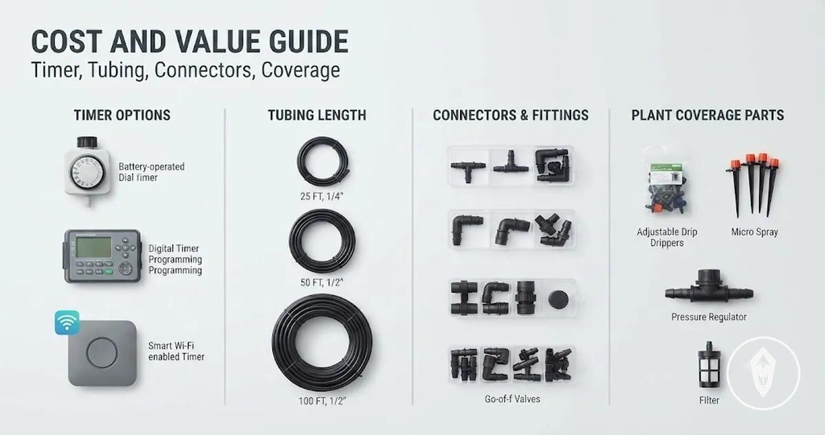 Automatic watering kit parts arranged to compare value by timer, tubing length, connectors, and coverage