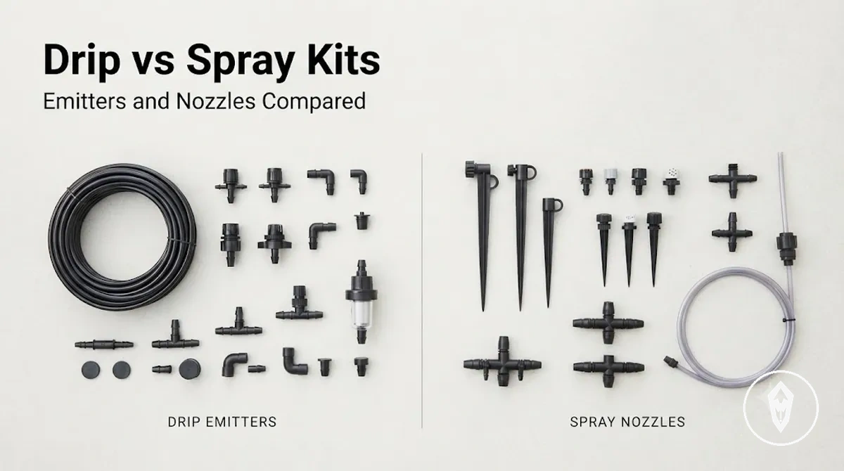 Side-by-side drip and spray automatic watering kit parts showing emitters and spray nozzles