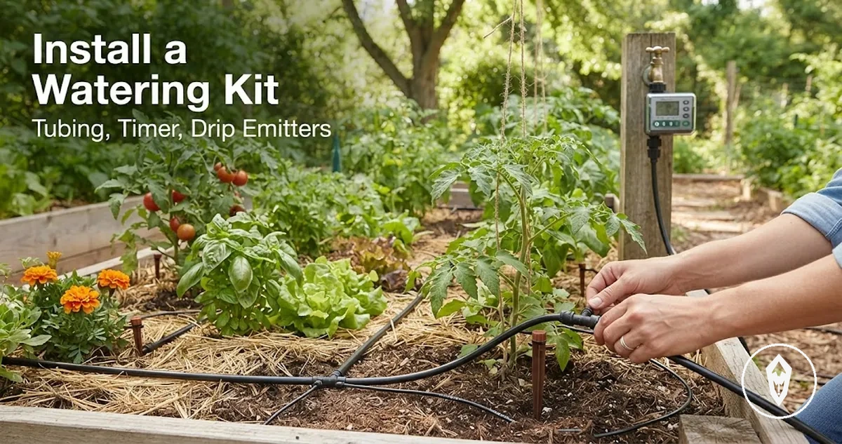 Automatic watering kit installation showing tubing connections, timer placement, and drip emitters near plants