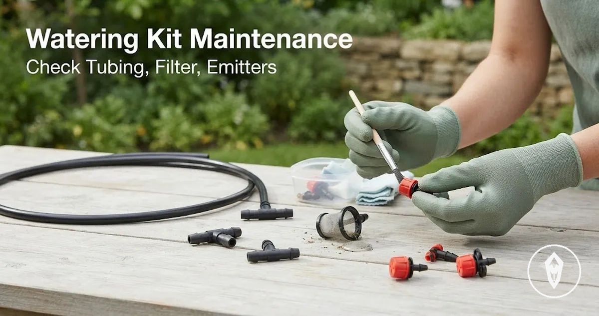 Automatic watering kit maintenance with tubing, connectors, filter, and drip emitters being checked
