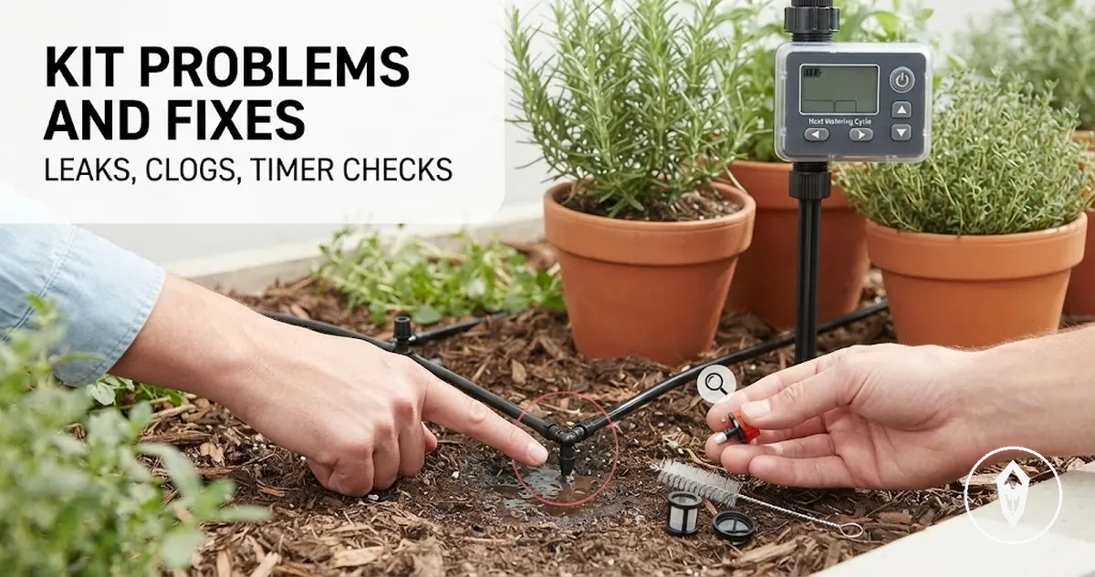 Automatic watering kit troubleshooting scene with leaking tubing, clogged emitters, and timer controls