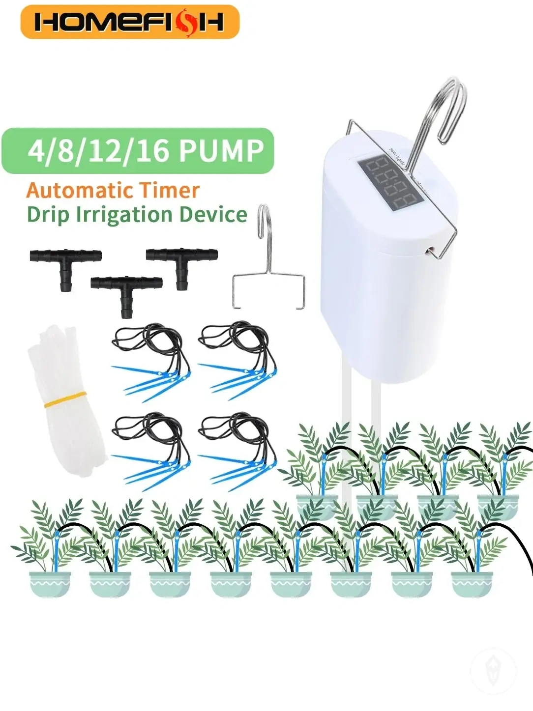 Pump timer watering system with multiple heads for garden plant irrigation