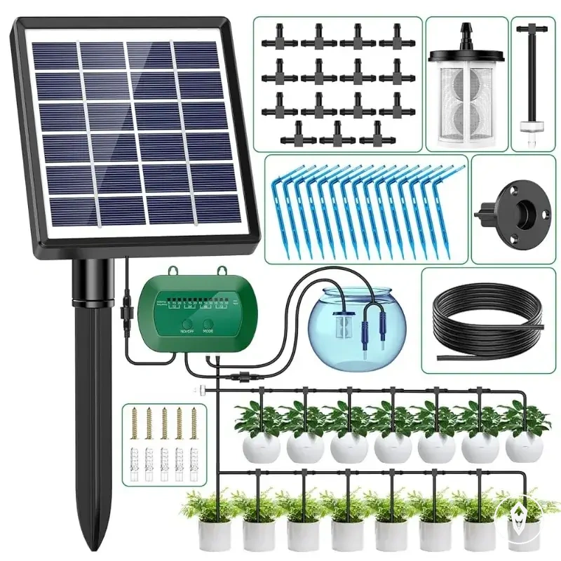 Solar timed watering device with built-in battery for potted plants