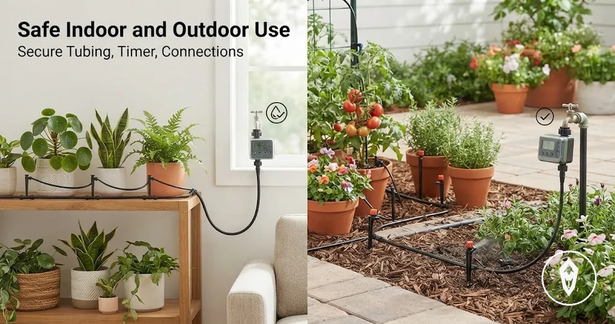 Automatic watering kit used safely indoors and outdoors with secure tubing, timer, and plant connections