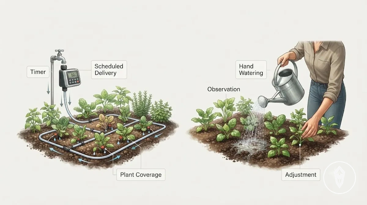 Automatic watering kit and hand watering comparison showing scheduled delivery and manual plant care